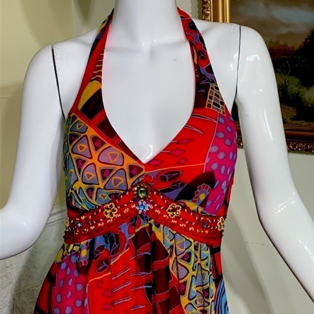 Sue Wong Beaded Printed Silk Chiffon Maxi Dress - Picture 8 of 15